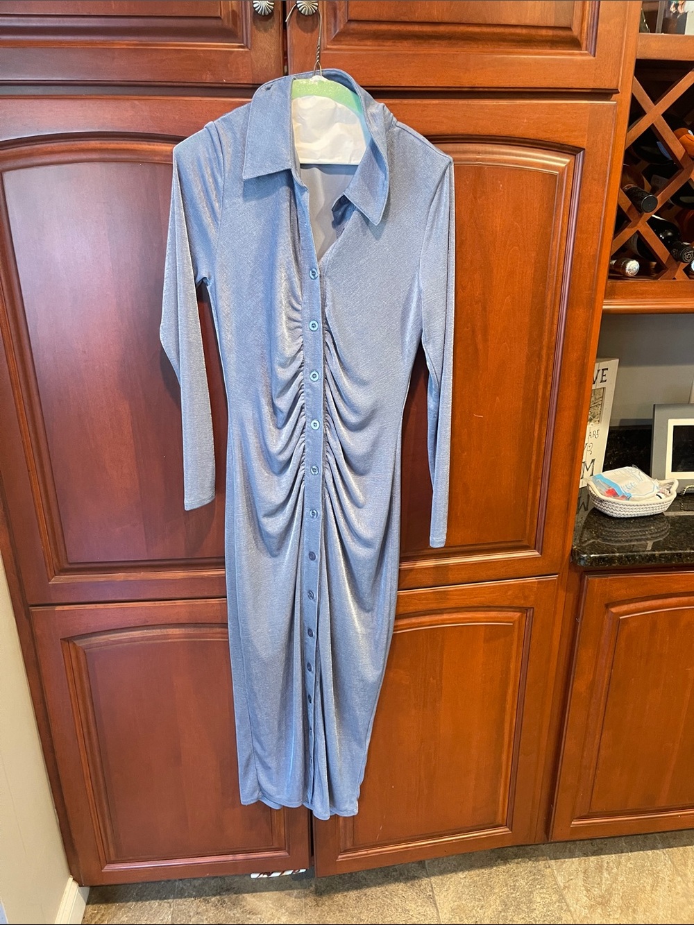 bebe Shimmery Light Blue Long-Sleeve Ruched Button Midi Dress
